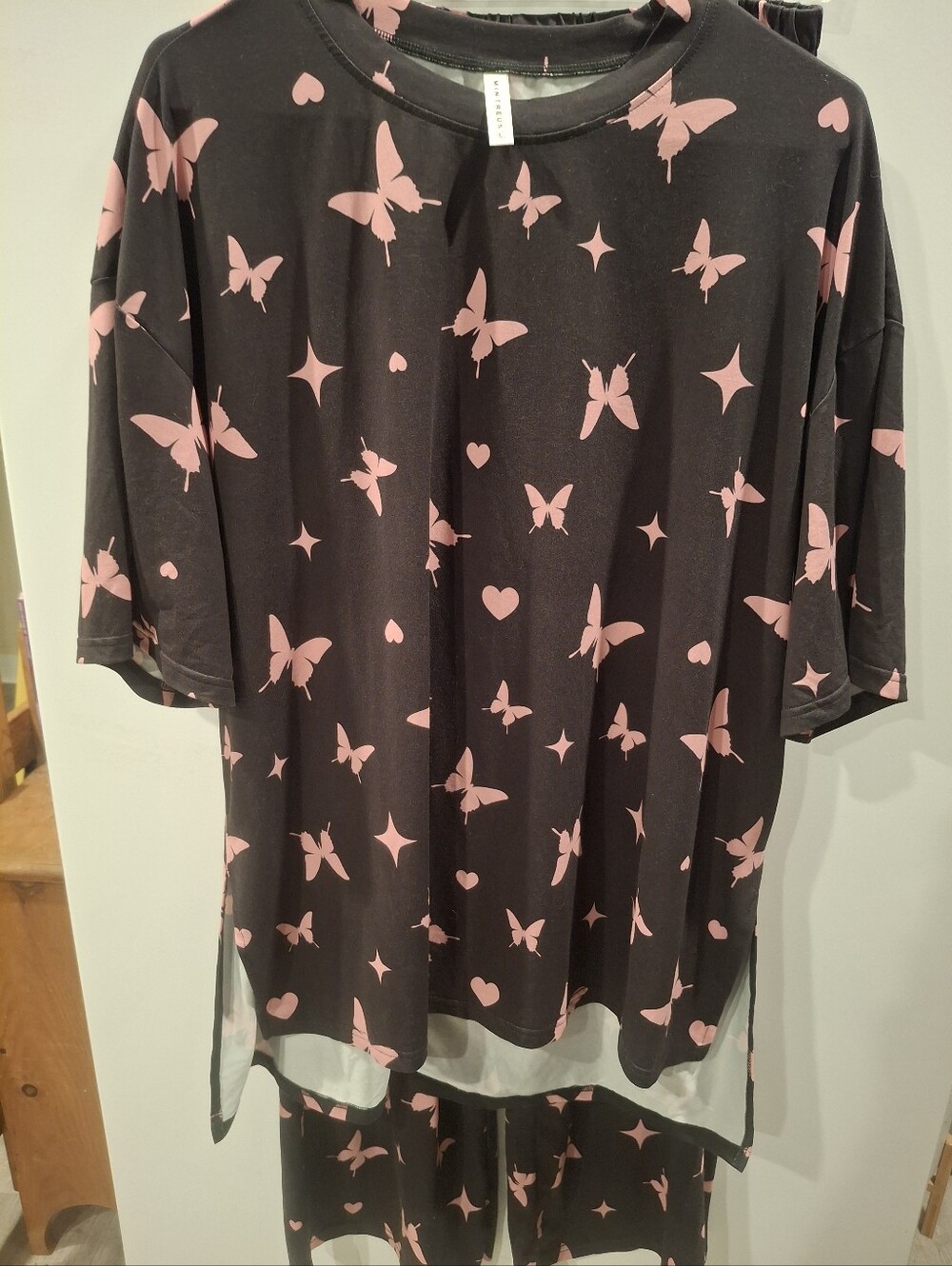 Womens Black Butterfly Print Shirt - Pink Motif PJ Set